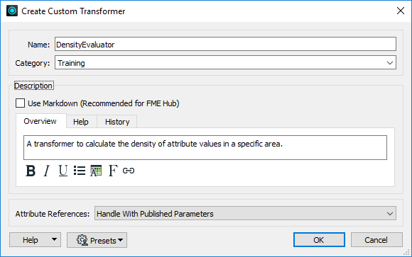 The filled out Create Custom Transformer dialog